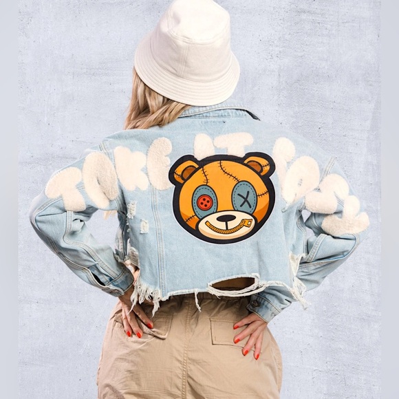 Trio Urban Light Wash Denim Jacket with Orange Bear🐻 - Picture 4 of 4
